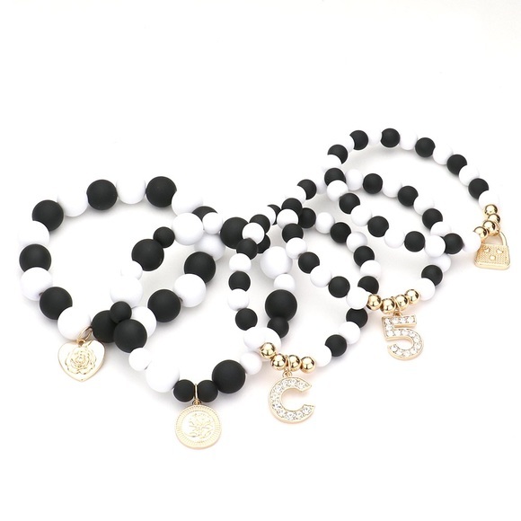 5 piece black white gold stretch beaded lock and key charm bracelet - Picture 2 of 3